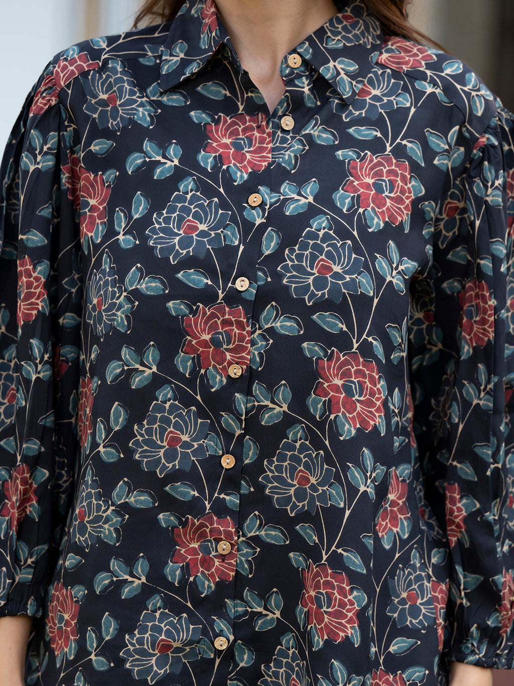 Noe Velarro Dark Blue Floral Print Rayon Fabric  Shirts Shorts With Crop Top three Piece set