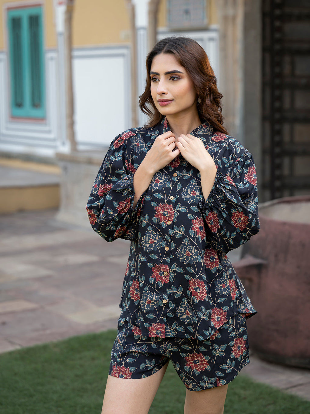 Noe Velarro Dark Blue Floral Print Rayon Fabric  Shirts Shorts With Crop Top three Piece set