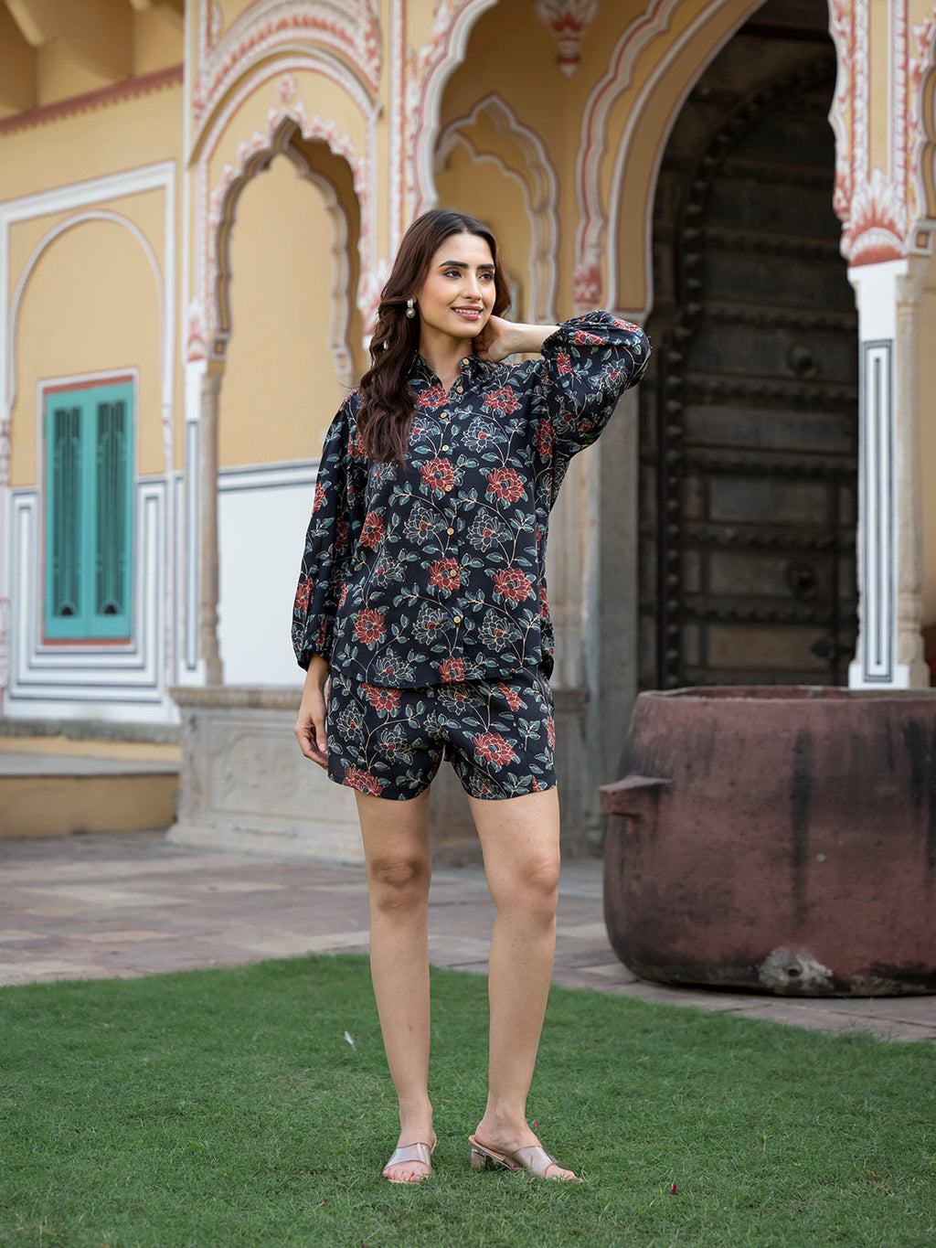 Noe Velarro Dark Blue Floral Print Rayon Fabric  Shirts Shorts With Crop Top three Piece set