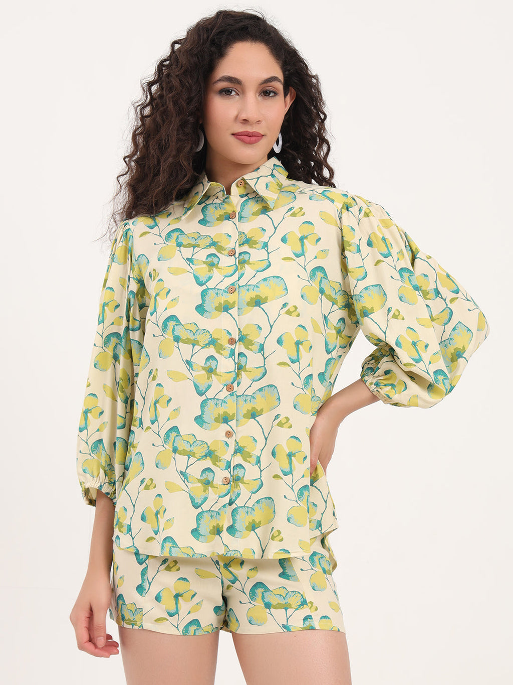 Noe Velarro Green Floral Print Rayon Fabric  Shirts Shorts With Crop Top Co-ord set