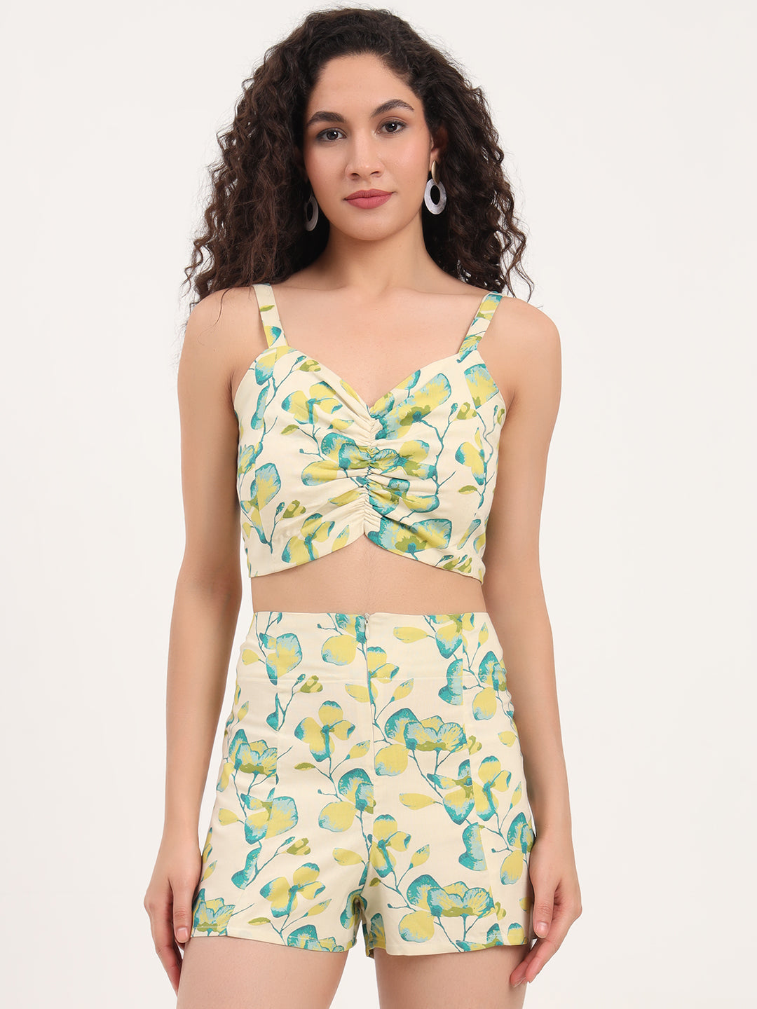 Noe Velarro Green Floral Print Rayon Fabric  Shirts Shorts With Crop Top Co-ord set