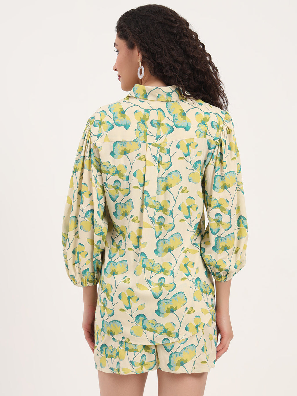 Noe Velarro Green Floral Print Rayon Fabric  Shirts Shorts With Crop Top Co-ord set