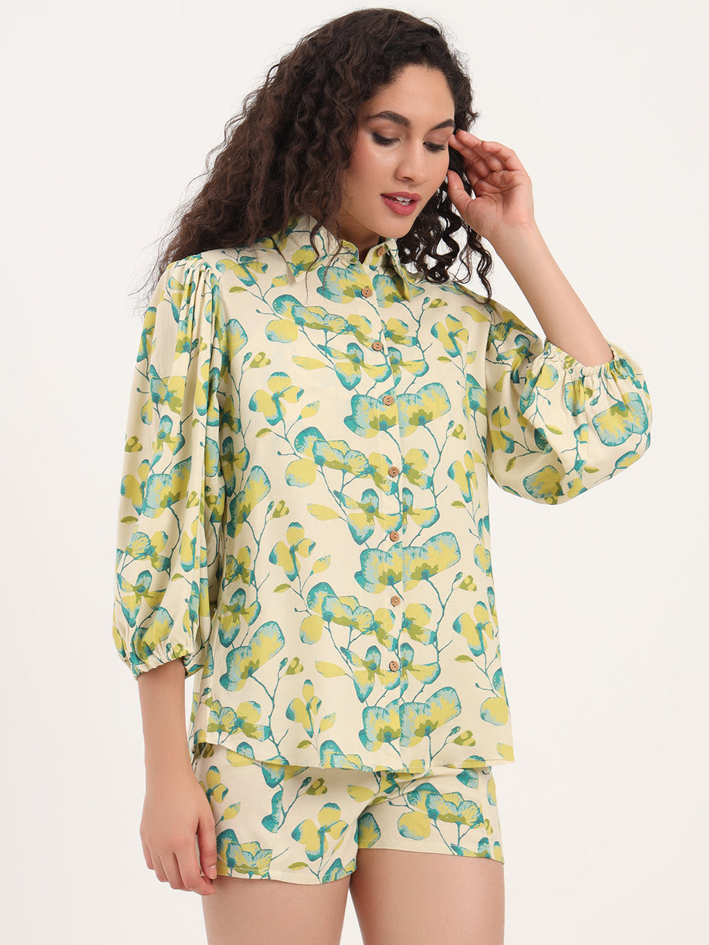 Noe Velarro Green Floral Print Rayon Fabric  Shirts Shorts With Crop Top Co-ord set
