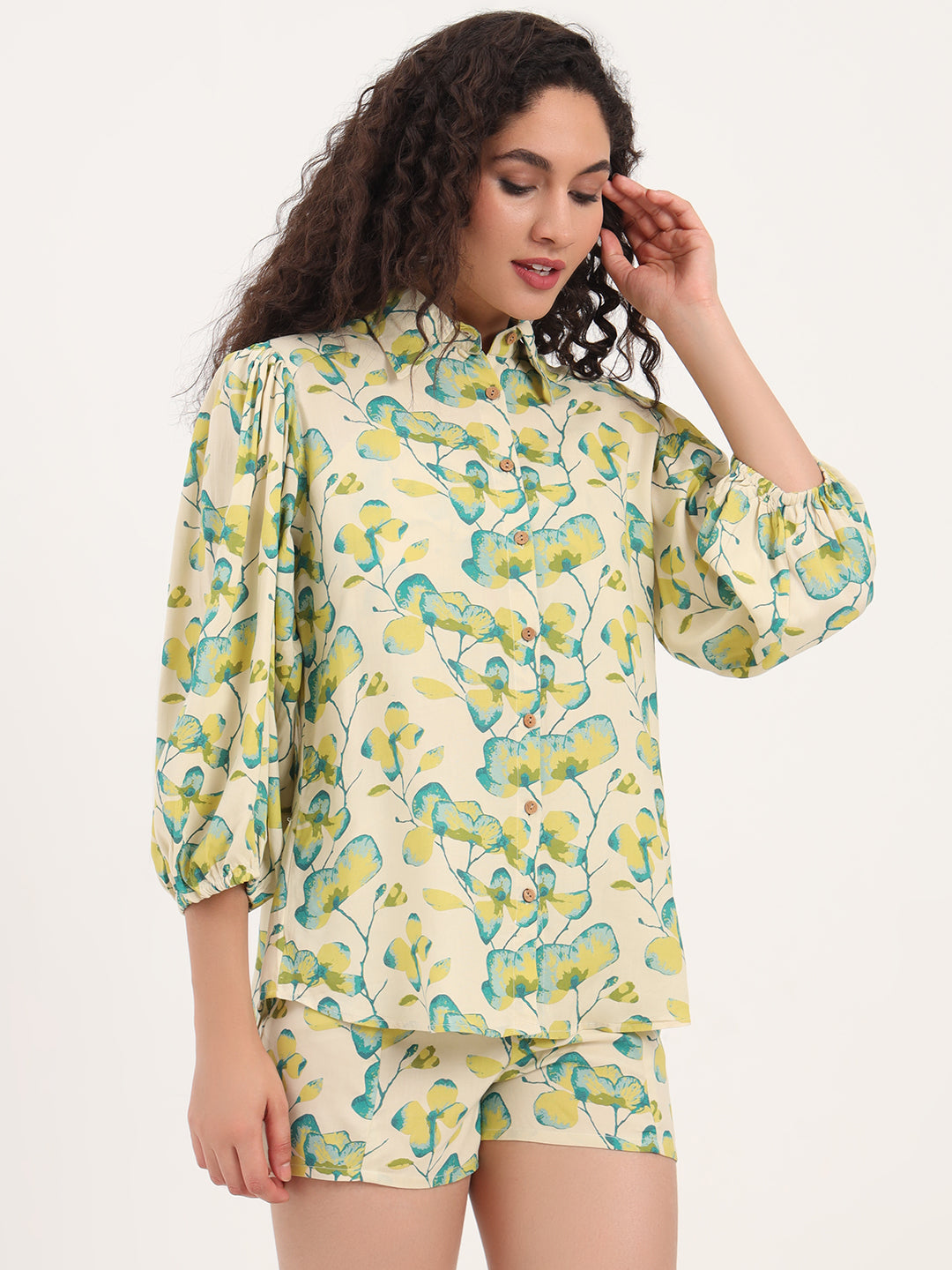 Noe Velarro Green Floral Print Rayon Fabric  Shirts Shorts With Crop Top Co-ord set