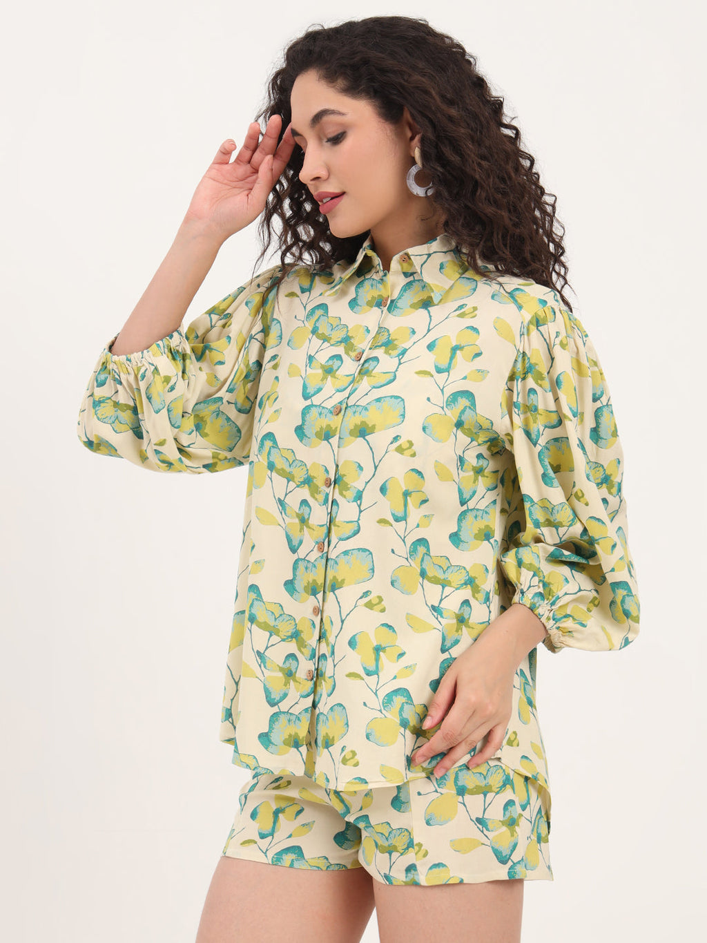 Noe Velarro Green Floral Print Rayon Fabric  Shirts Shorts With Crop Top Co-ord set