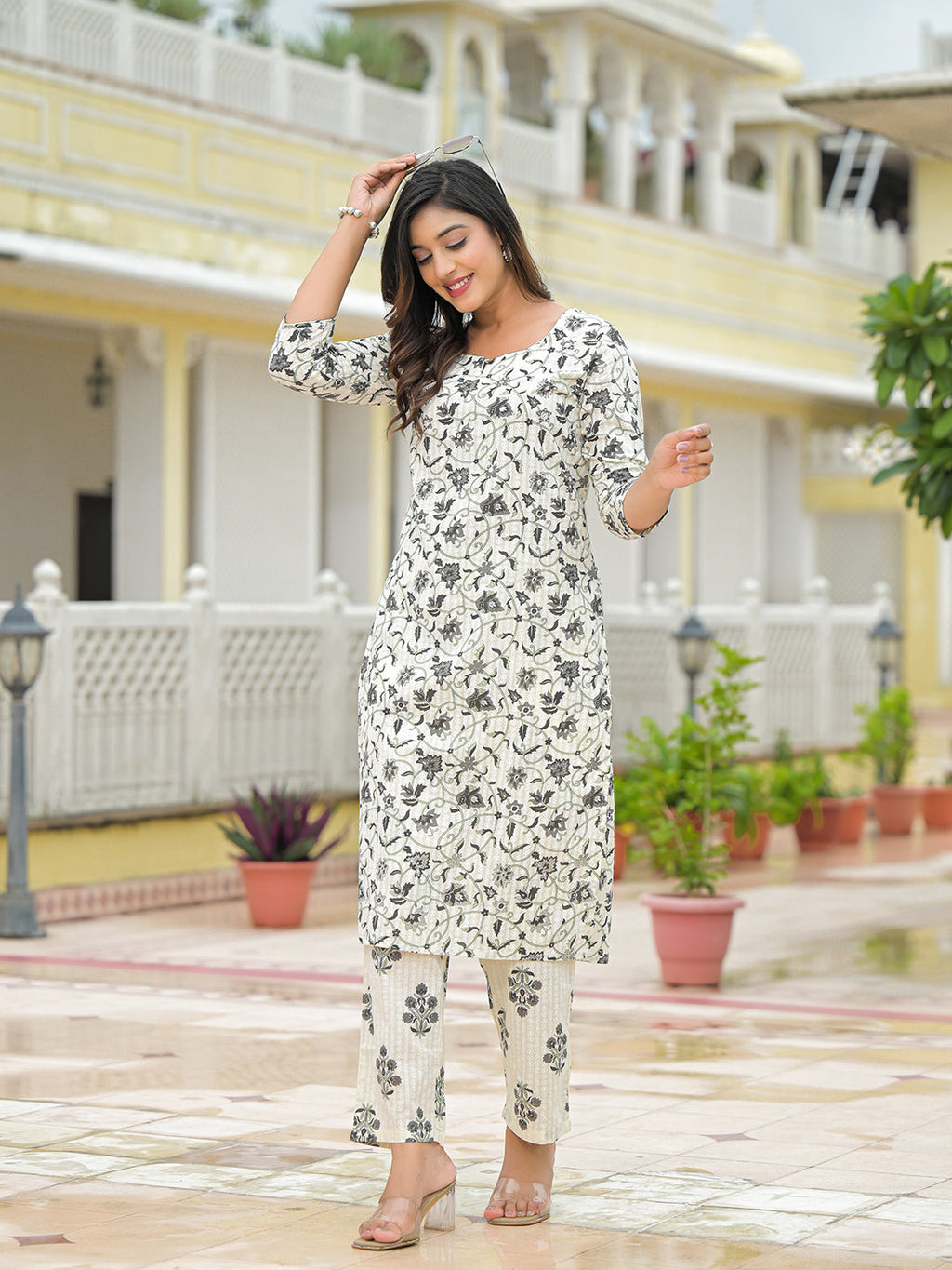 Noe Velarro Cream Floral Printed Cotton Kurta Pant Sets