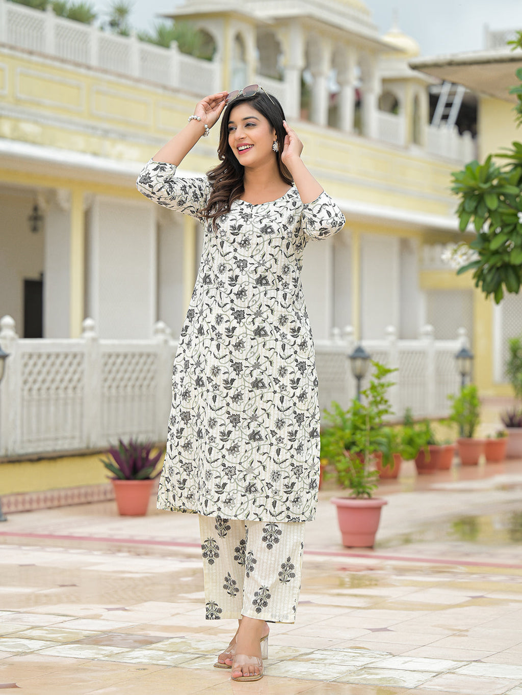Noe Velarro Cream Floral Printed Cotton Kurta Pant Sets
