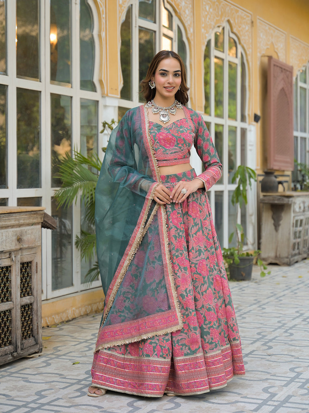 Noe Velarro Green Printed Cotton Lehenga with Choli and Dupatta