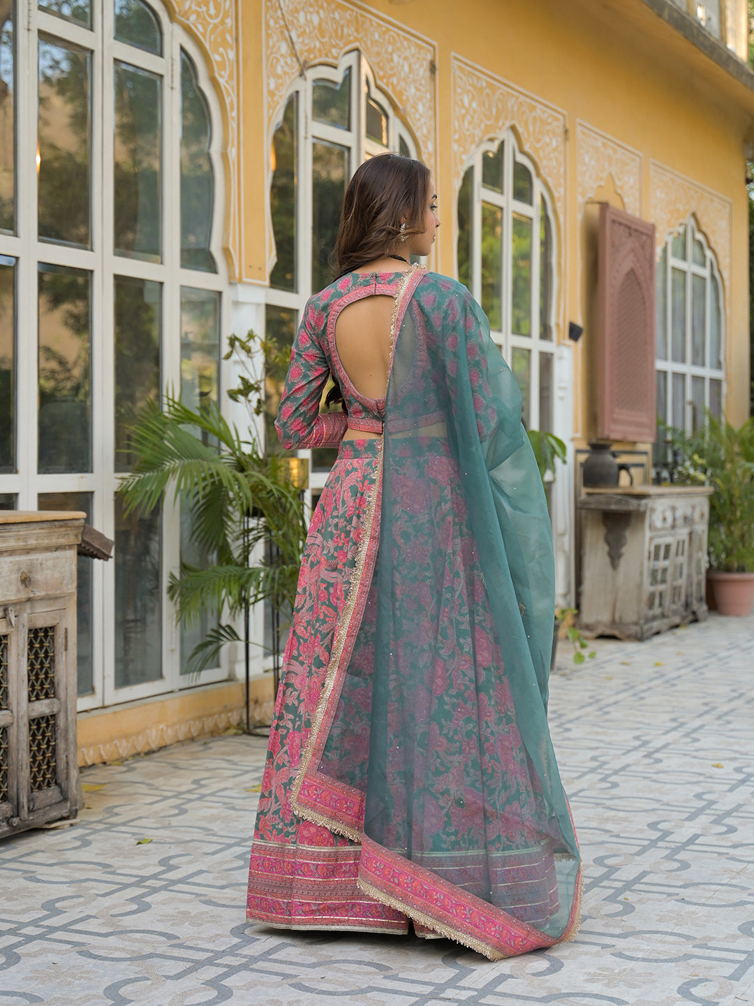 Noe Velarro Green Printed Cotton Lehenga with Choli and Dupatta