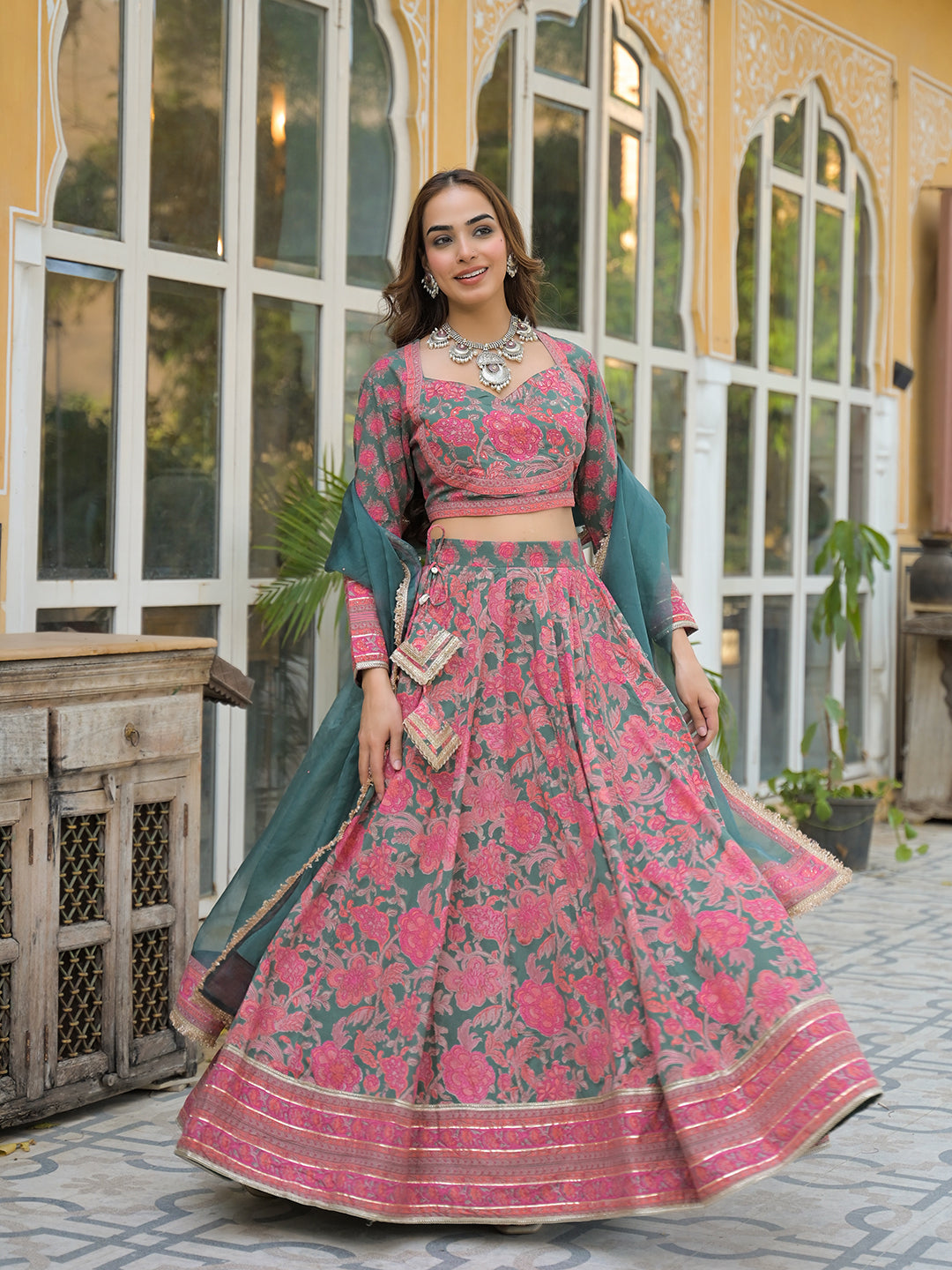 Noe Velarro Green Printed Cotton Lehenga with Choli and Dupatta