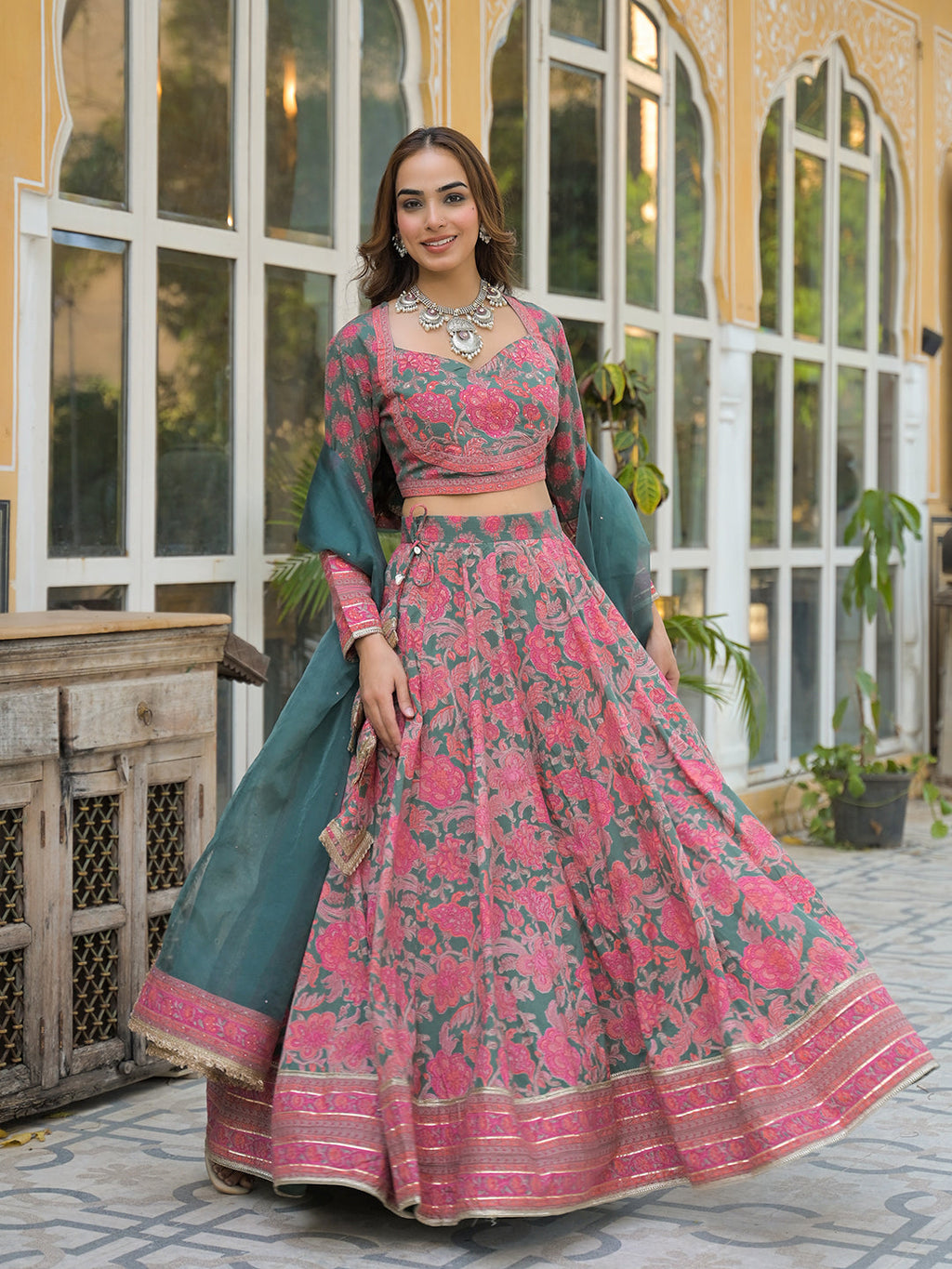Noe Velarro Green Printed Cotton Lehenga with Choli and Dupatta