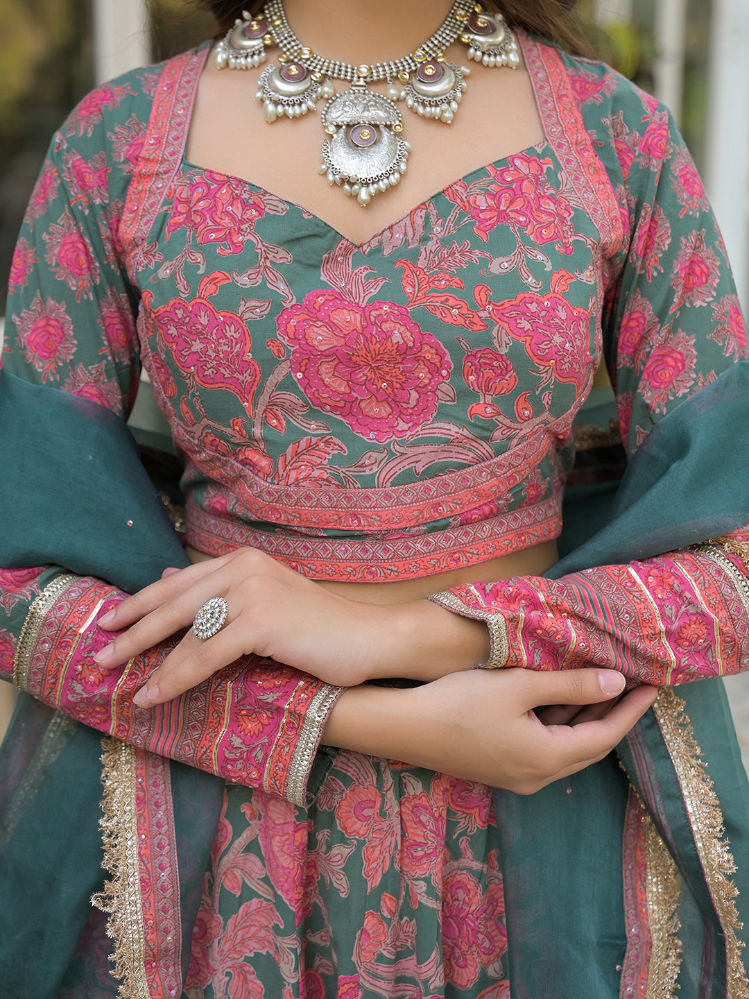 Noe Velarro Green Printed Cotton Lehenga with Choli and Dupatta