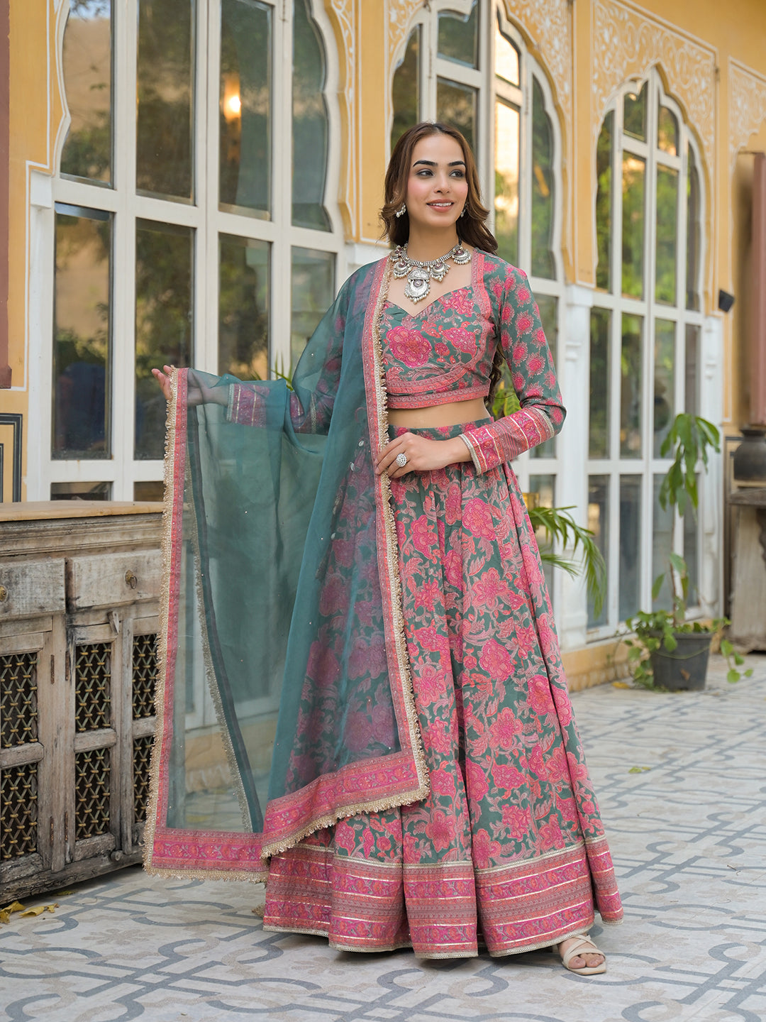 Noe Velarro Green Printed Cotton Lehenga with Choli and Dupatta