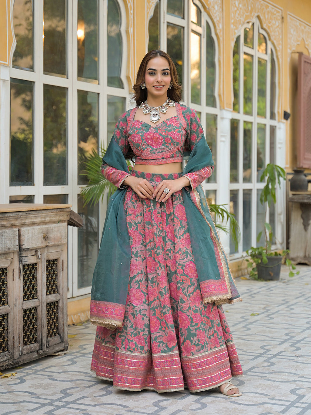 Noe Velarro Green Printed Cotton Lehenga with Choli and Dupatta