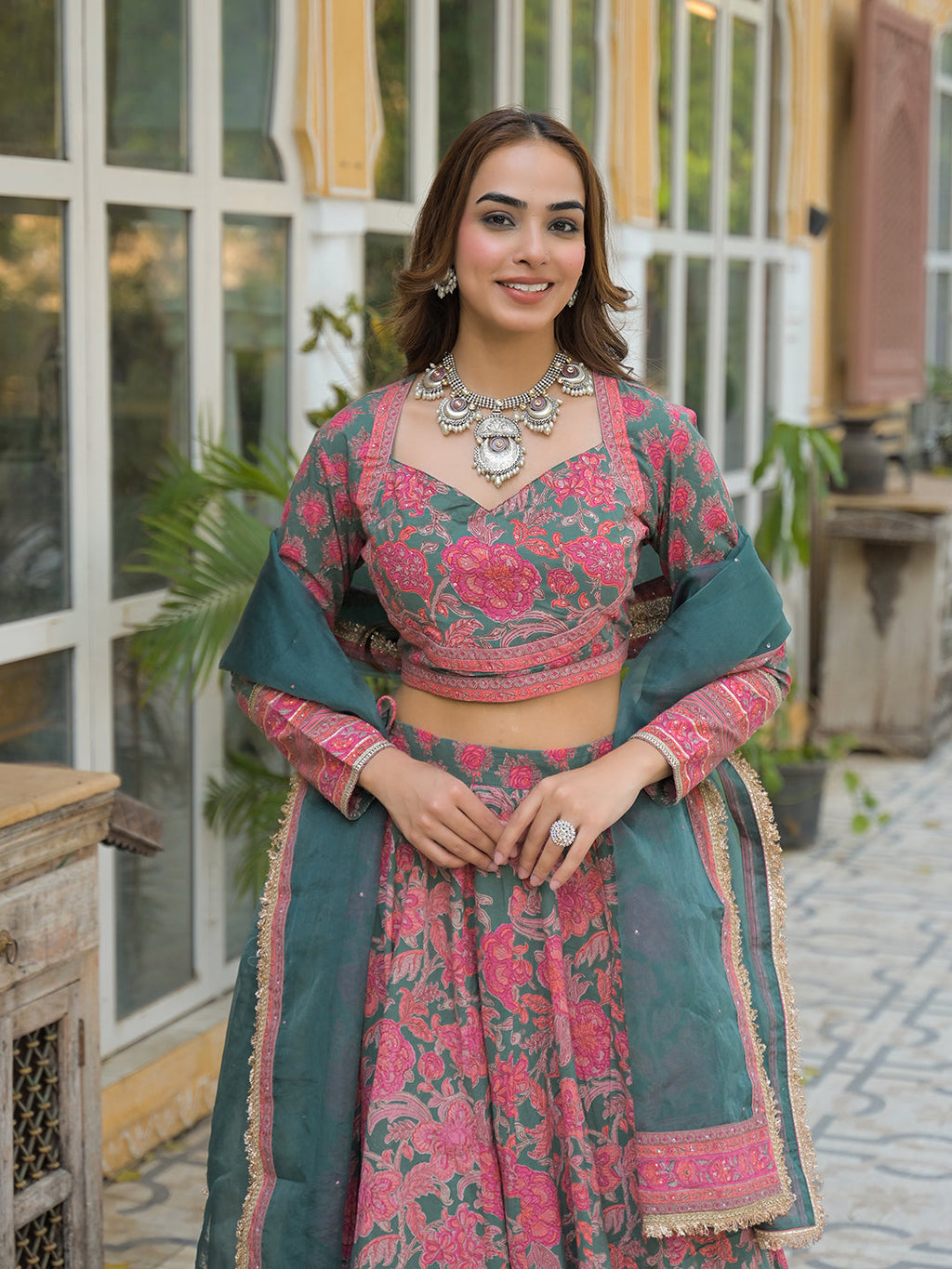Noe Velarro Green Printed Cotton Lehenga with Choli and Dupatta