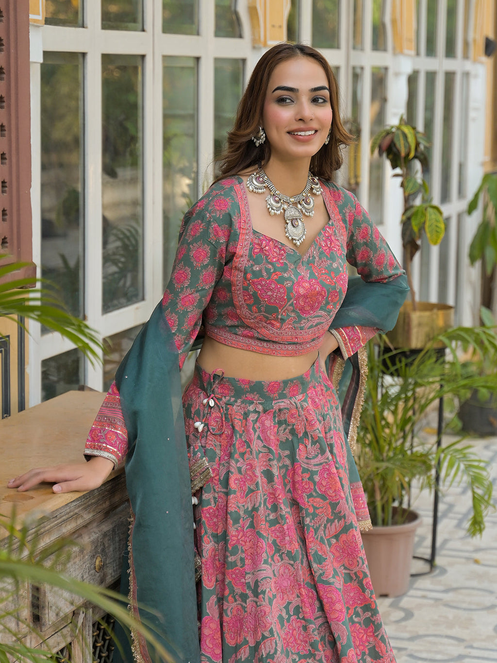 Noe Velarro Green Printed Cotton Lehenga with Choli and Dupatta