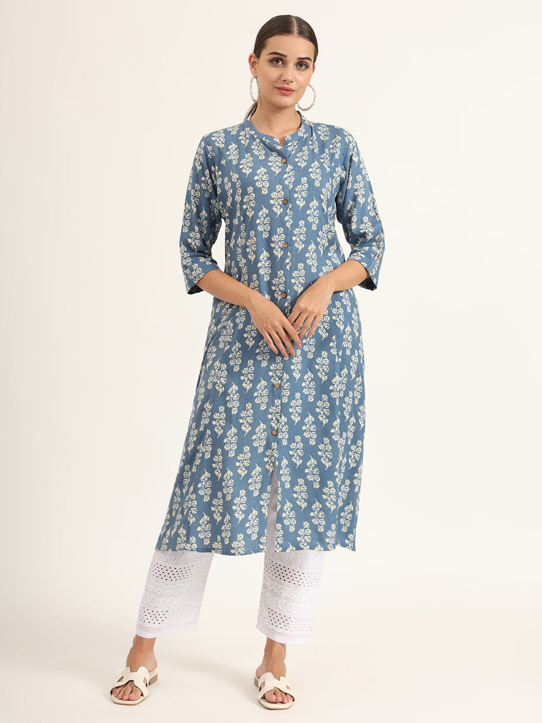 Noe Velarro Blue Floral Print Pure Cotton Straight Kurta