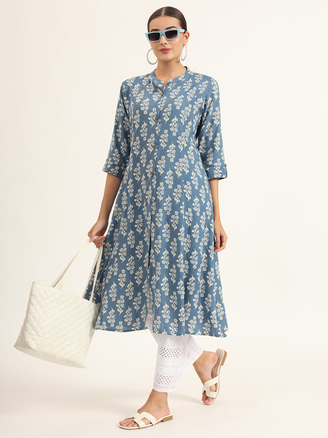 Noe Velarro Blue Floral Print Pure Cotton Straight Kurta