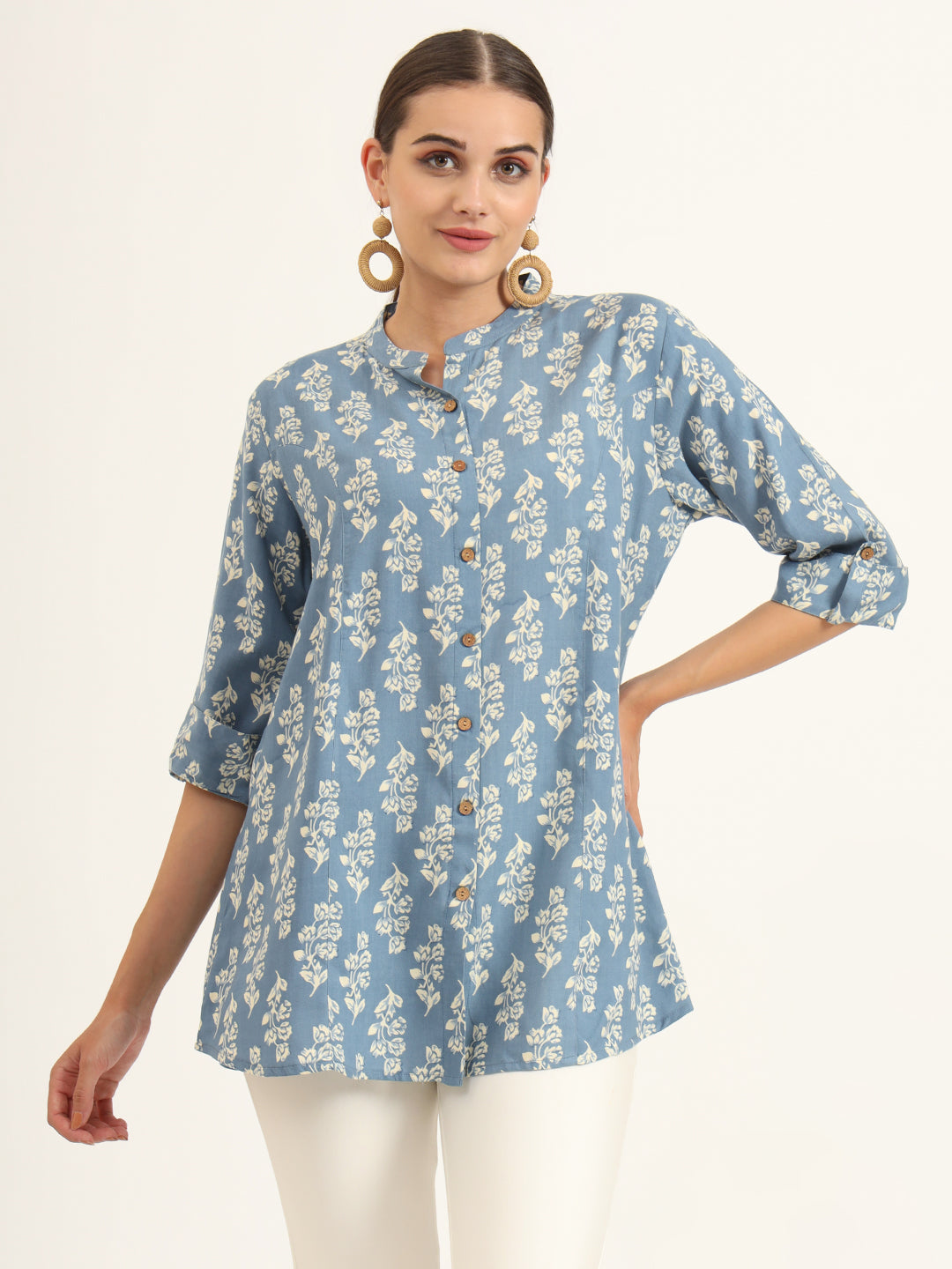 Noe Velarro Blue Floral Print Pure Rayon Straight Top