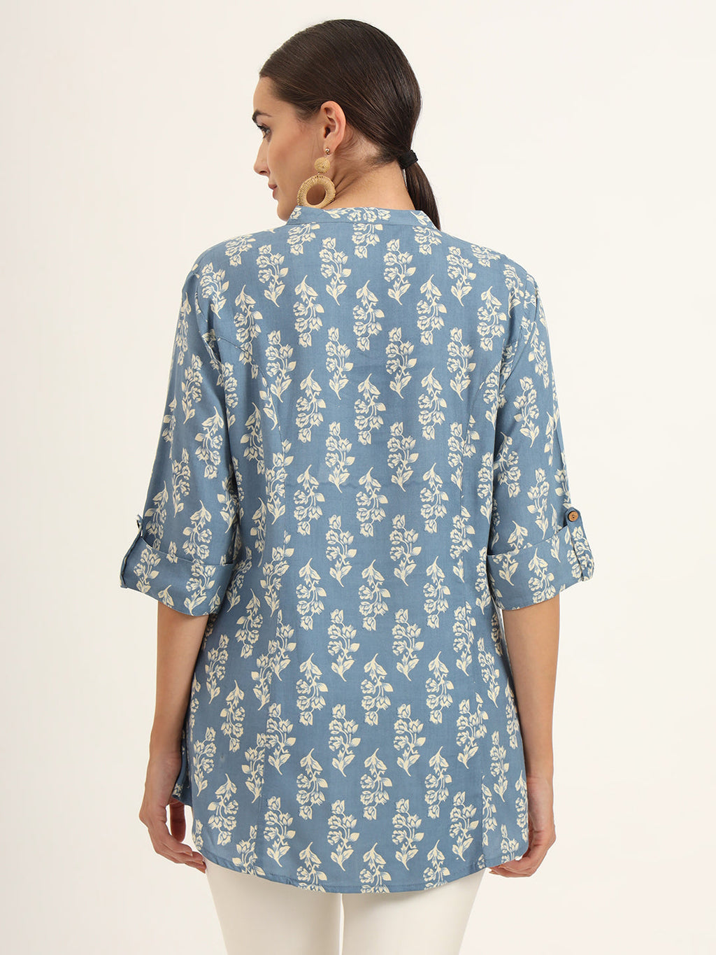 Noe Velarro Blue Floral Print Pure Rayon Straight Top