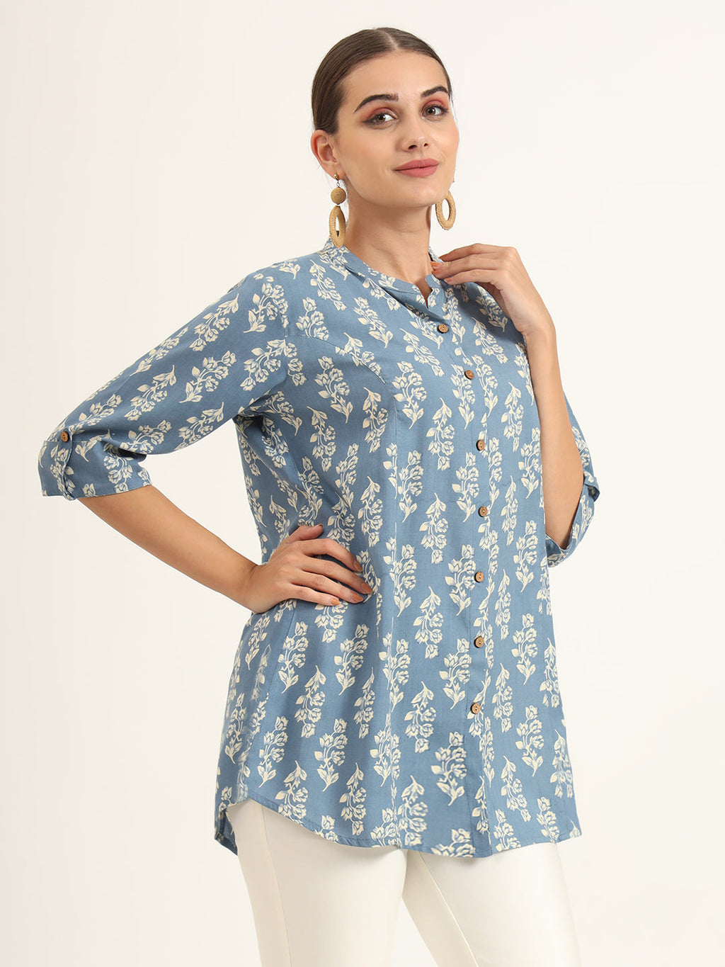 Noe Velarro Blue Floral Print Pure Rayon Straight Top