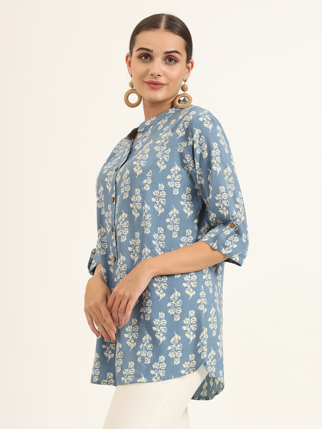 Noe Velarro Blue Floral Print Pure Rayon Straight Top