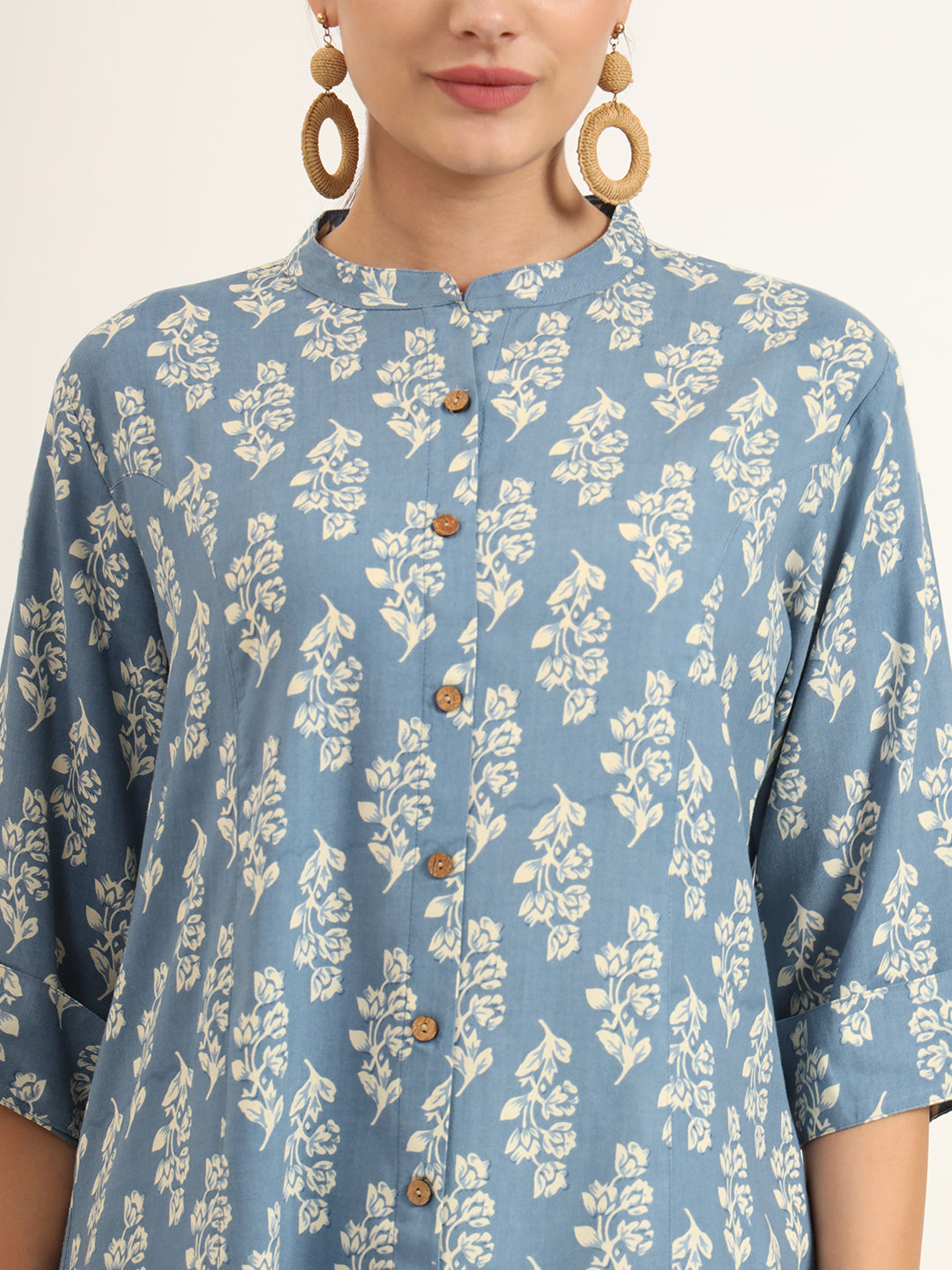 Noe Velarro Blue Floral Print Pure Rayon Straight Top