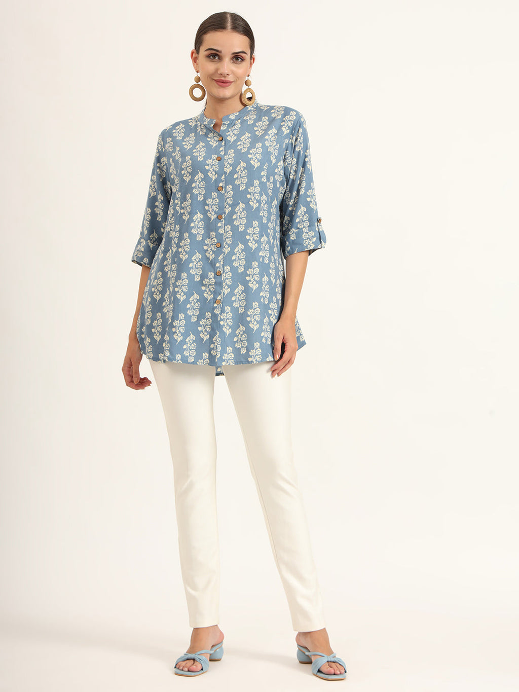 Noe Velarro Blue Floral Print Pure Rayon Straight Top