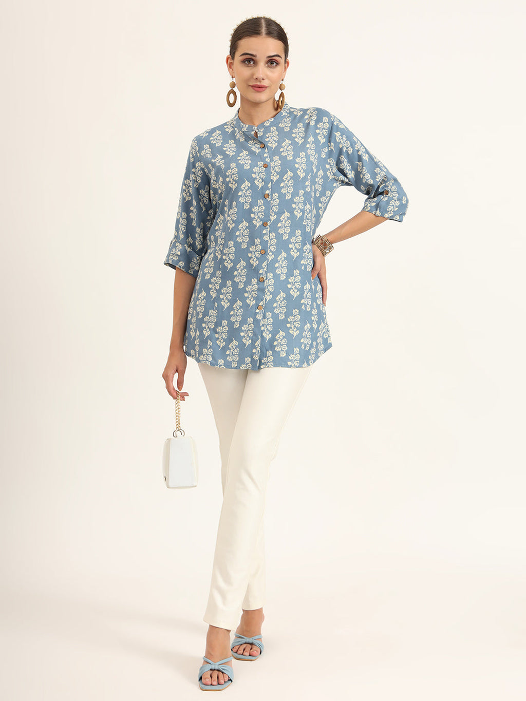 Noe Velarro Blue Floral Print Pure Rayon Straight Top