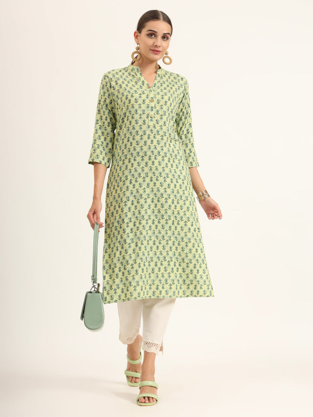Noe Velarro Green Floral Print Pure Cotton Straight Kurta