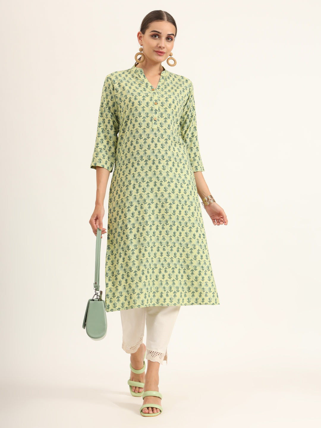 Noe Velarro Green Floral Print Pure Cotton Straight Kurta