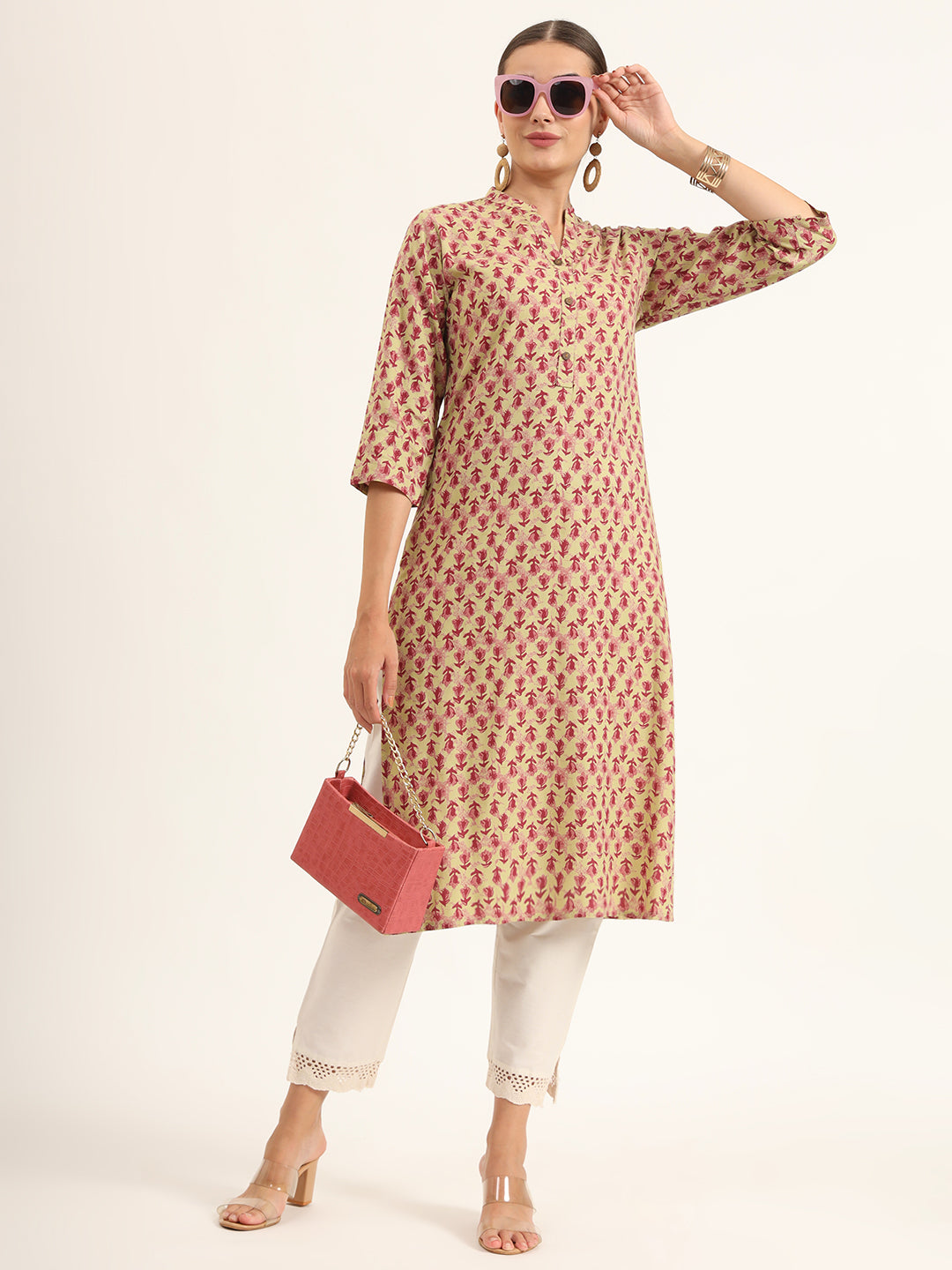 Noe Velarro Red Floral Print Pure Cotton Straight Kurta
