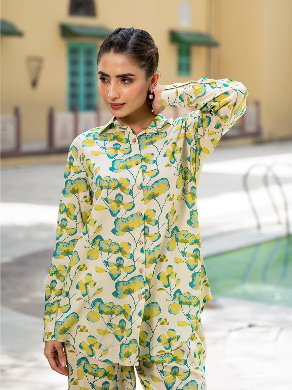Noe Velarro green Floral Printed Rayon Co-ord Set for Women