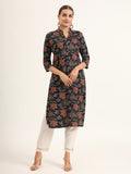 Noe Velarro Black Floral Print Rayon Straight Kurta