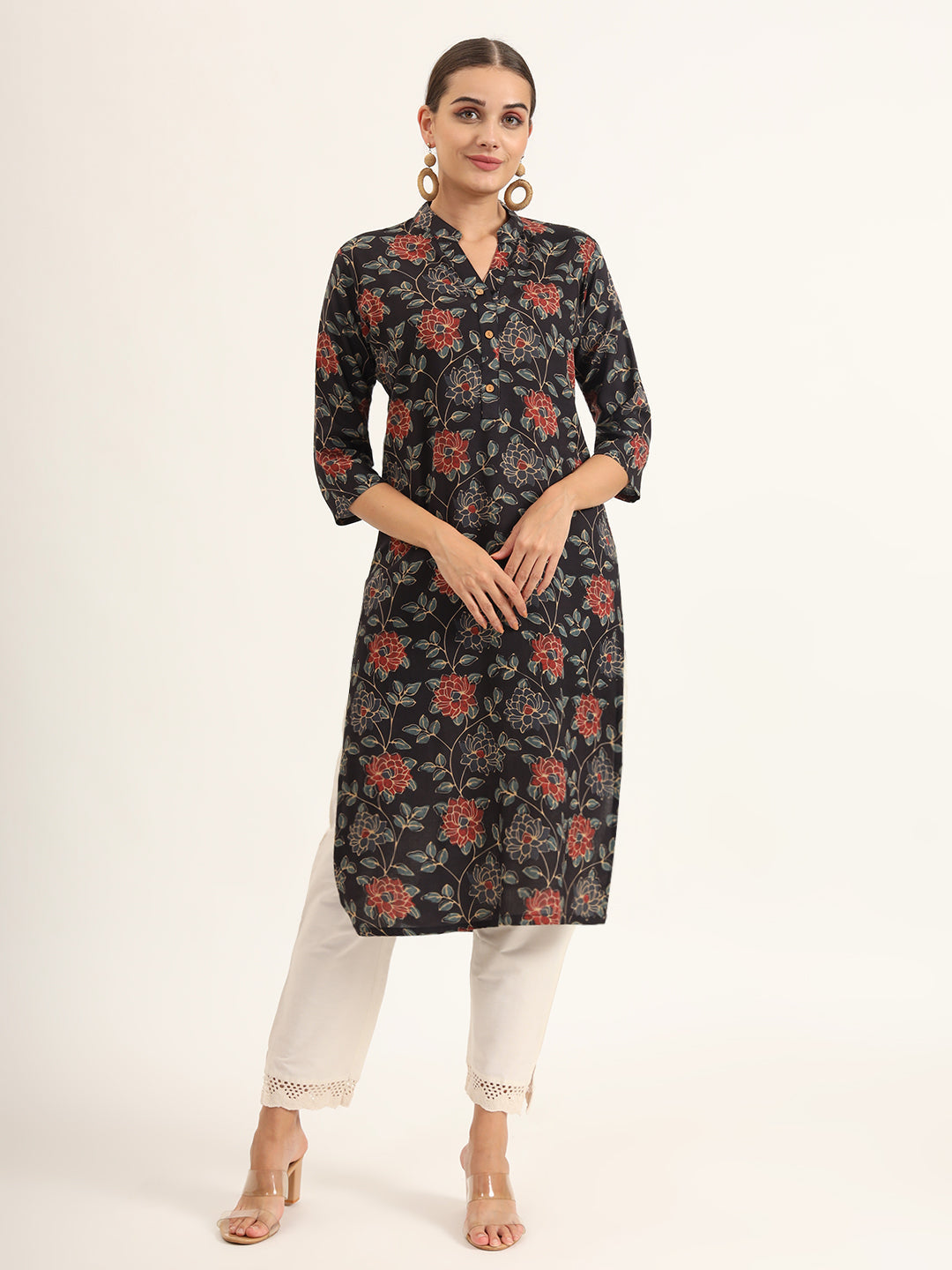 Noe Velarro Black Floral Print Rayon Straight Kurta