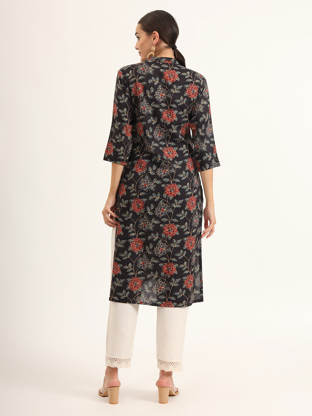 Noe Velarro Black Floral Print Rayon Straight Kurta