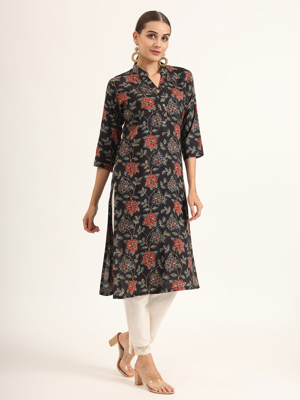 Noe Velarro Black Floral Print Rayon Straight Kurta