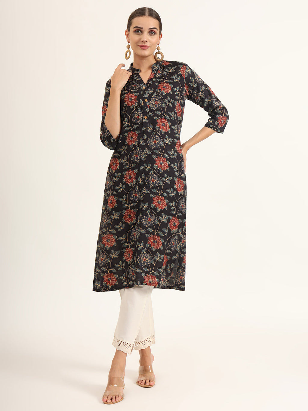 Noe Velarro Black Floral Print Rayon Straight Kurta