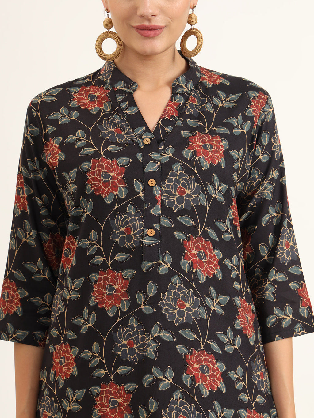 Noe Velarro Black Floral Print Rayon Straight Kurta