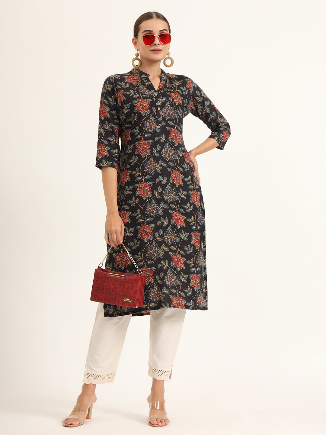 Noe Velarro Black Floral Print Rayon Straight Kurta