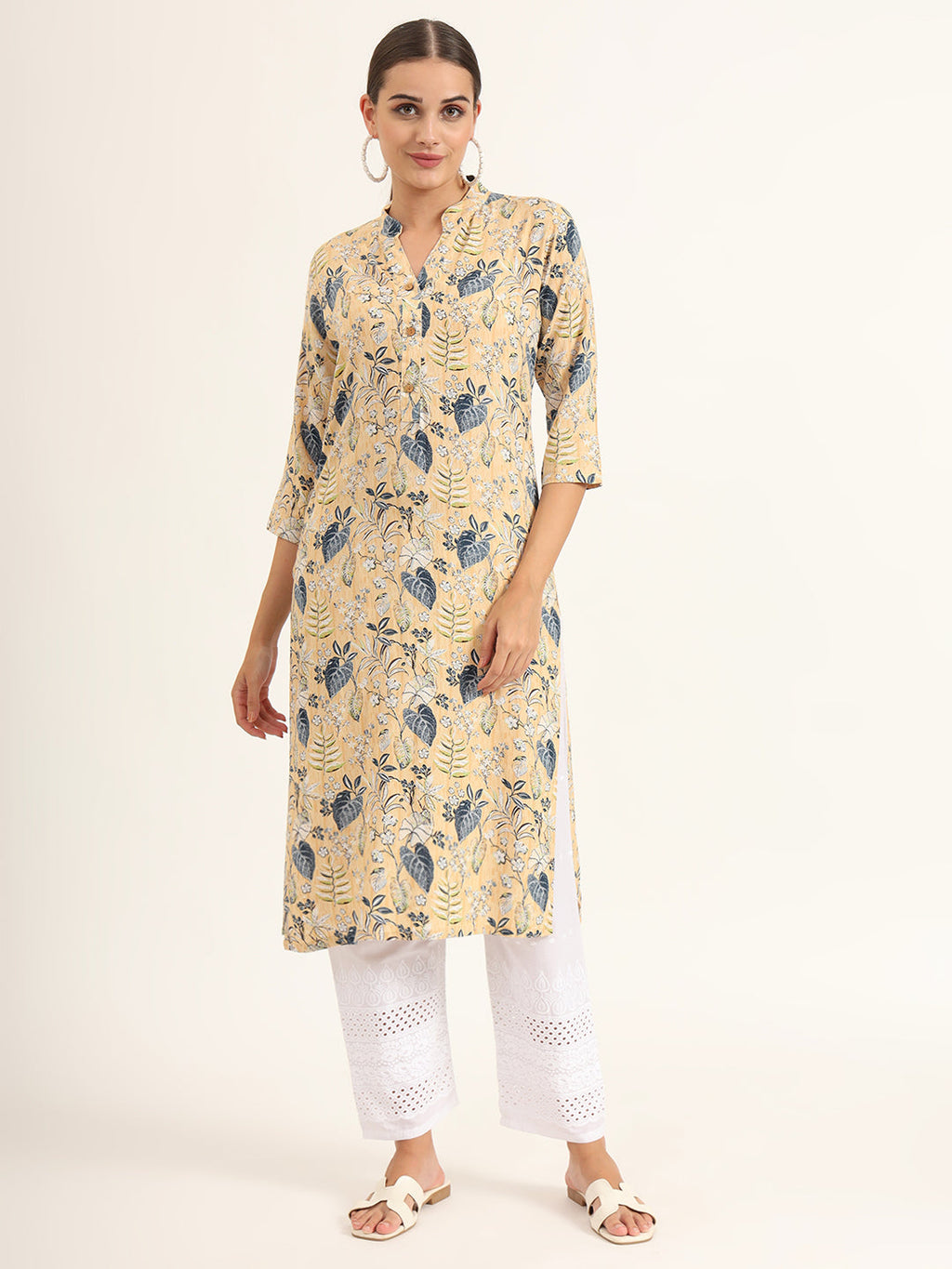 Noe Velarro Yellow Floral Print Rayon Straight Kurta