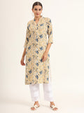 Noe Velarro Yellow Floral Print Rayon Straight Kurta