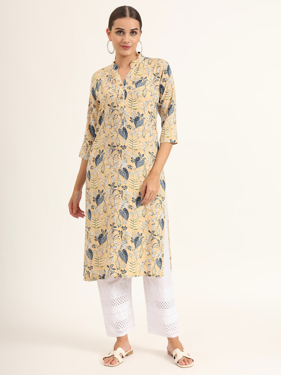 Noe Velarro Yellow Floral Print Rayon Straight Kurta