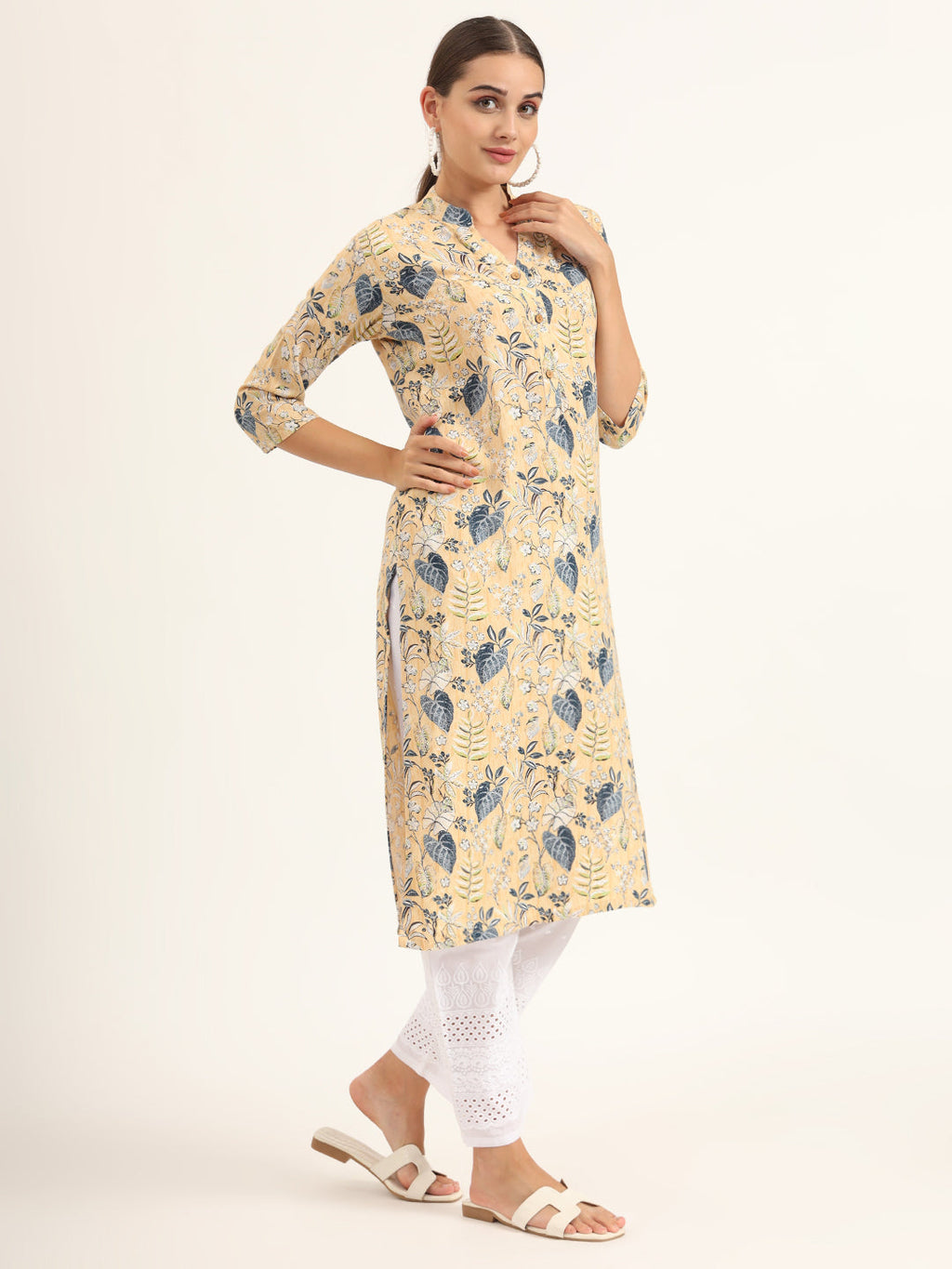 Noe Velarro Yellow Floral Print Rayon Straight Kurta