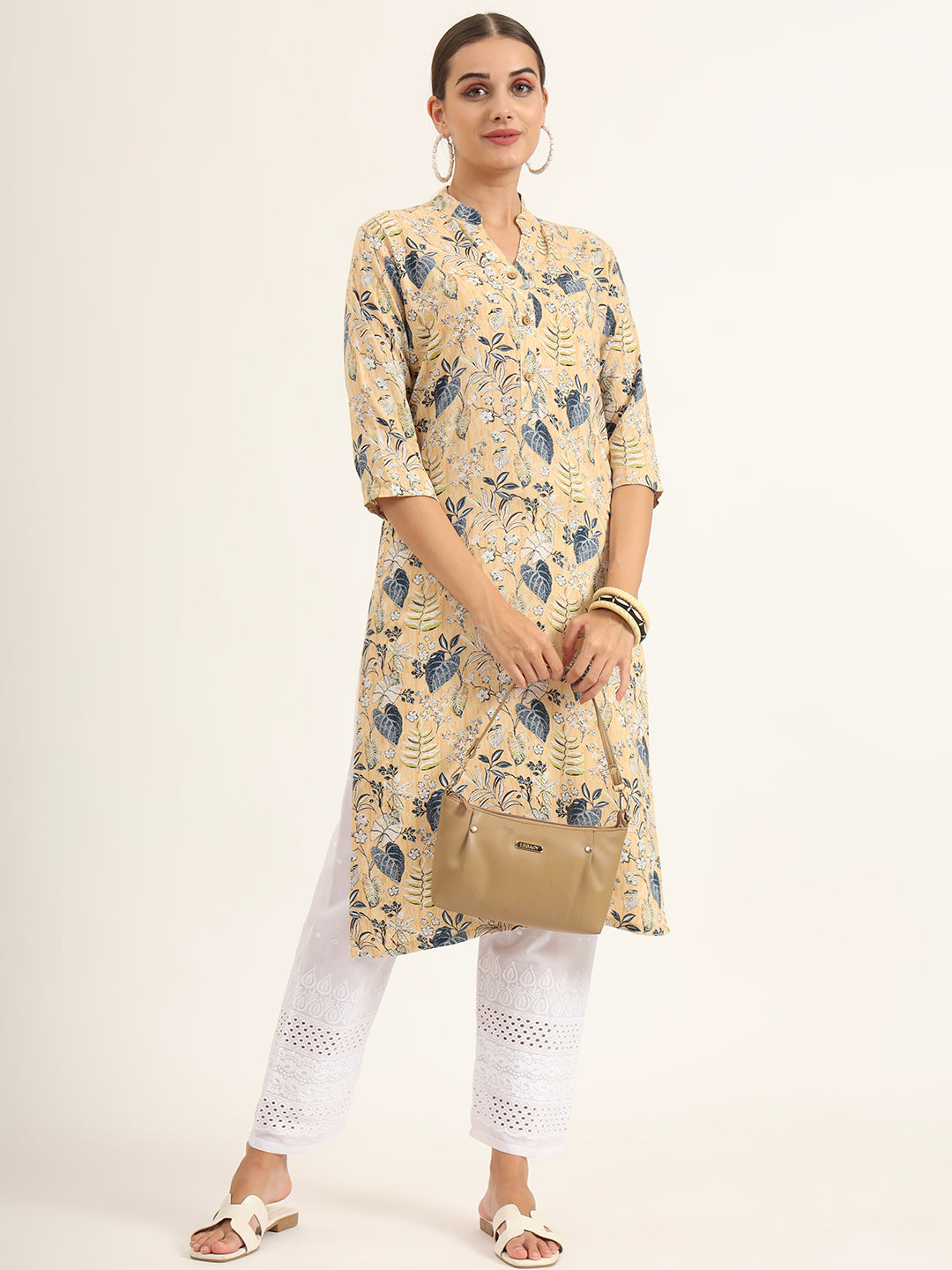 Noe Velarro Yellow Floral Print Rayon Straight Kurta