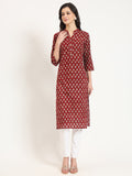 Noe Velarro Maroon Floral Print Cotton Fabric Straight Kurta