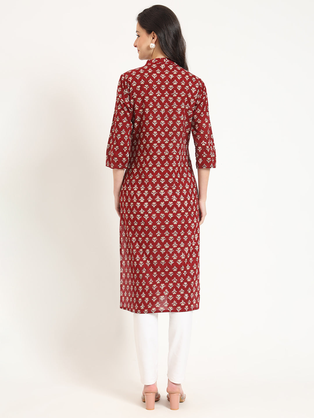 Noe Velarro Maroon Floral Print Cotton Fabric Straight Kurta