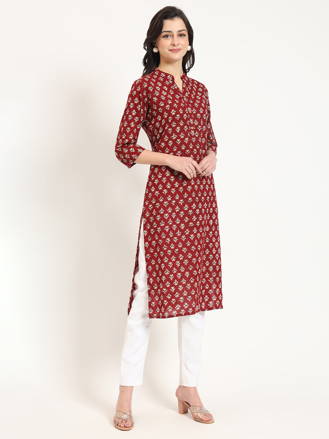 Noe Velarro Maroon Floral Print Cotton Fabric Straight Kurta