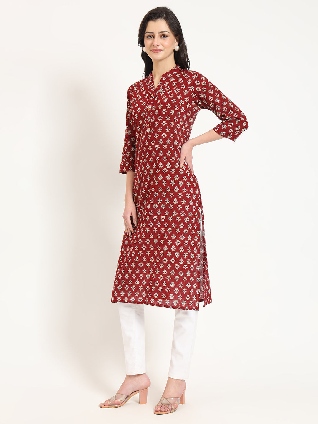 Noe Velarro Maroon Floral Print Cotton Fabric Straight Kurta