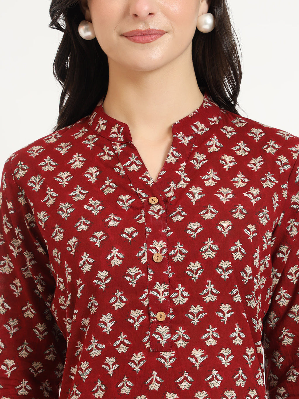 Noe Velarro Maroon Floral Print Cotton Fabric Straight Kurta